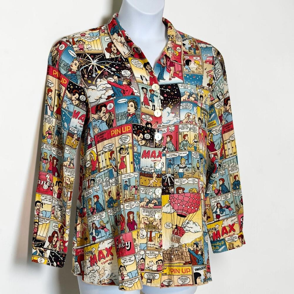 John Mark Comic Strip Pop Art Blouse Tunic Graphic Novel Print Pockets Size M